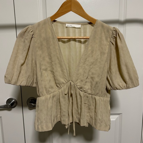 OAK + FORT Tops - OAK + FORT Tan/Beige Puff Sleeve V Neck Blouse